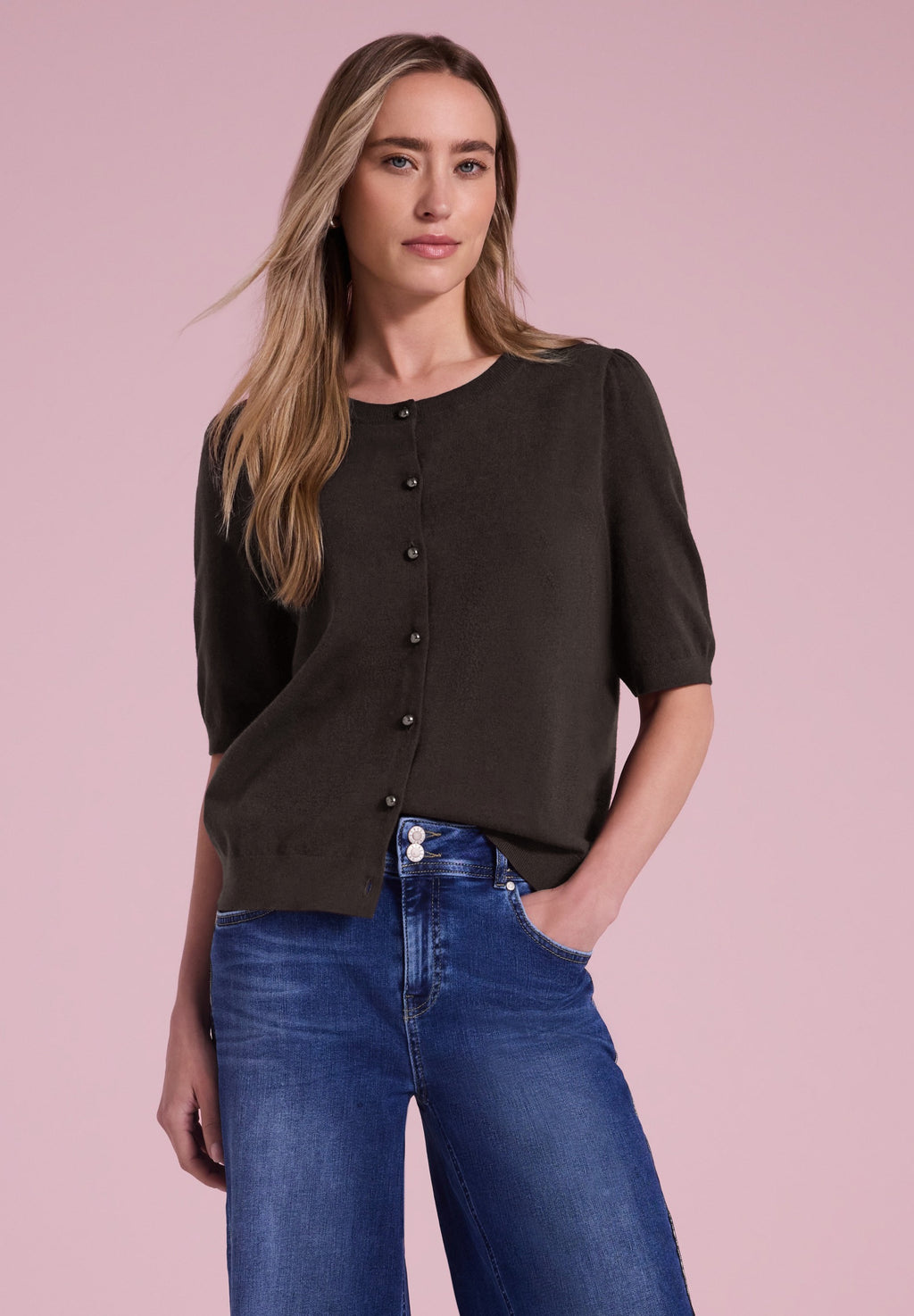 Kurzarm Cardigan mit Rundhals und Knöpfen