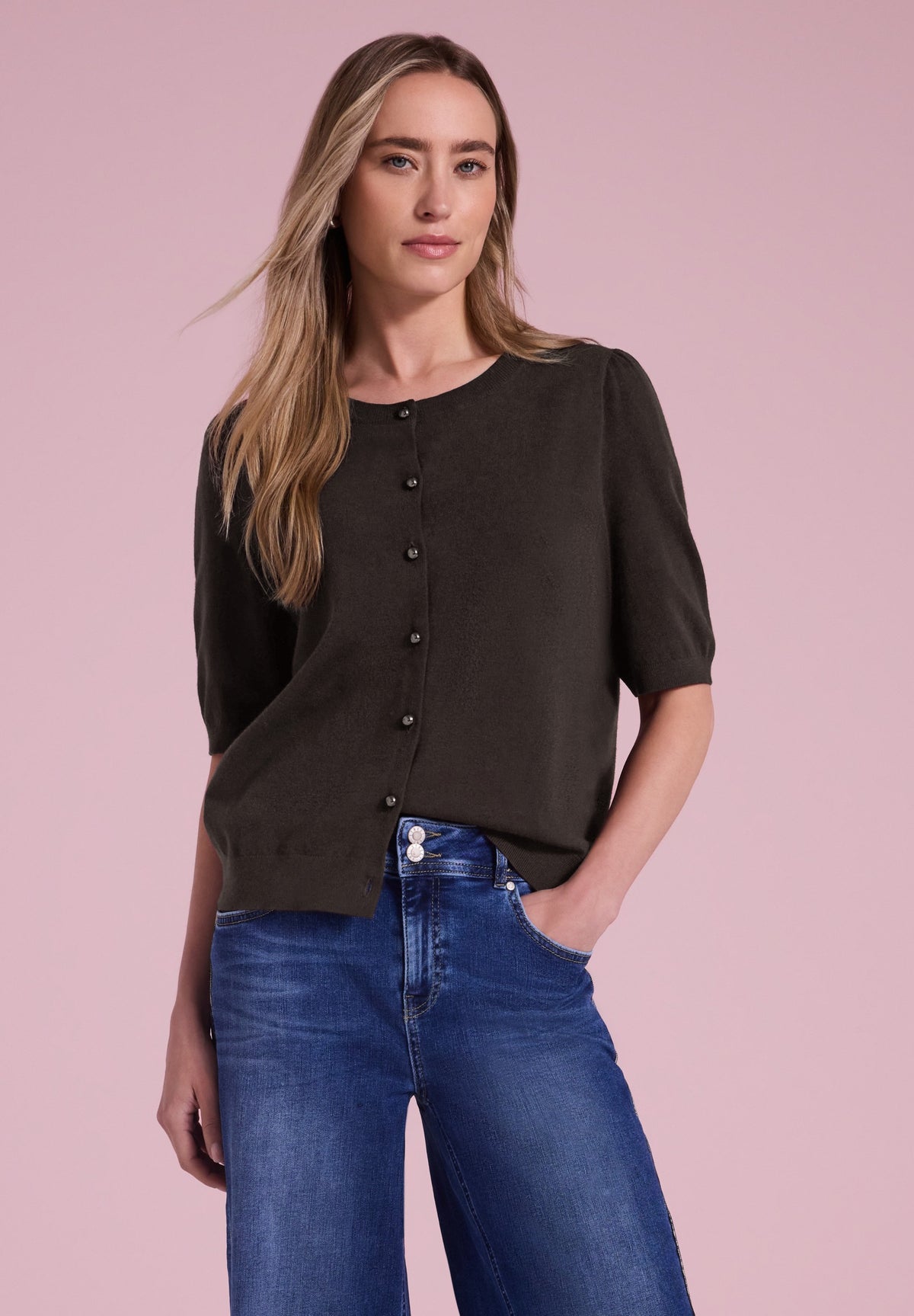 Kurzarm Cardigan mit Rundhals und Knöpfen