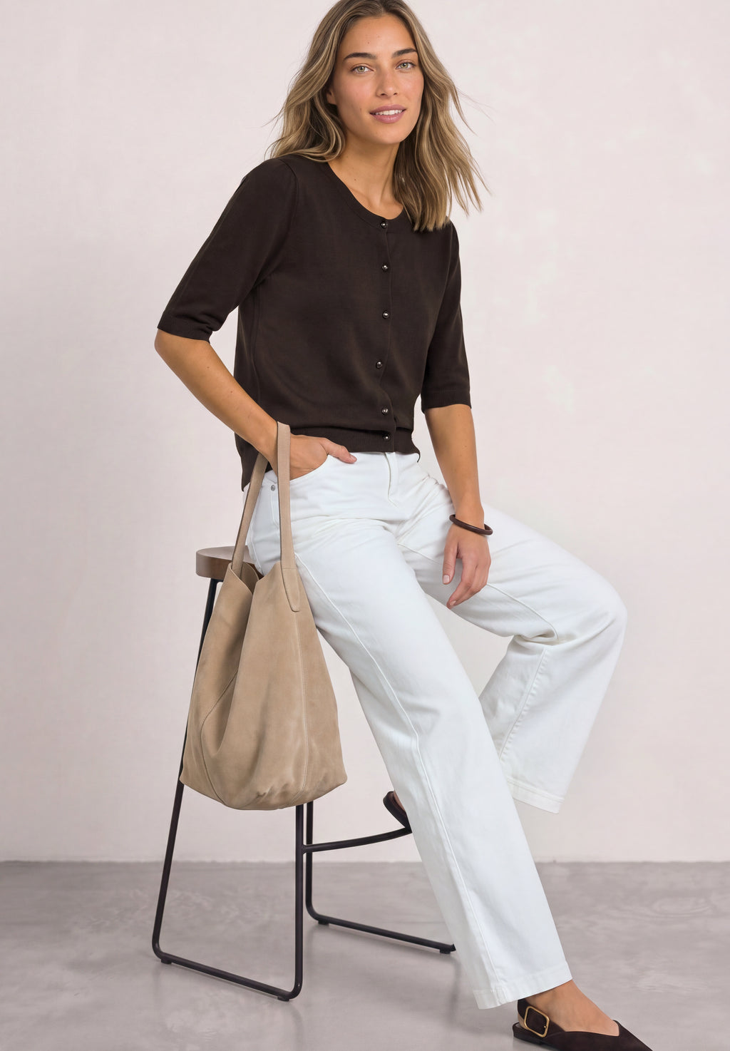 Kurzarm Cardigan mit Rundhals und Knöpfen