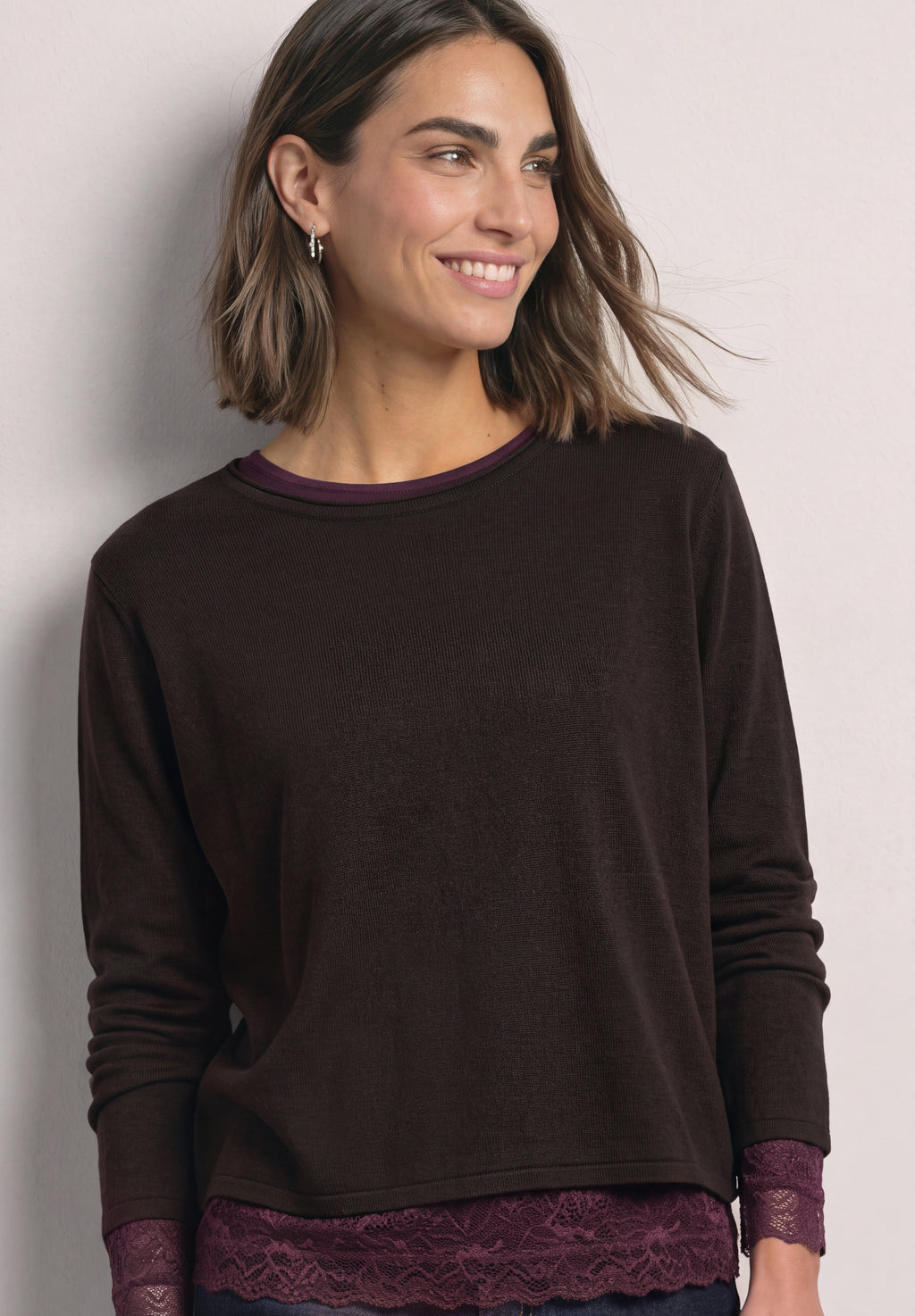 Langarm Shirt mit Boat Neck und Spitze von Street One