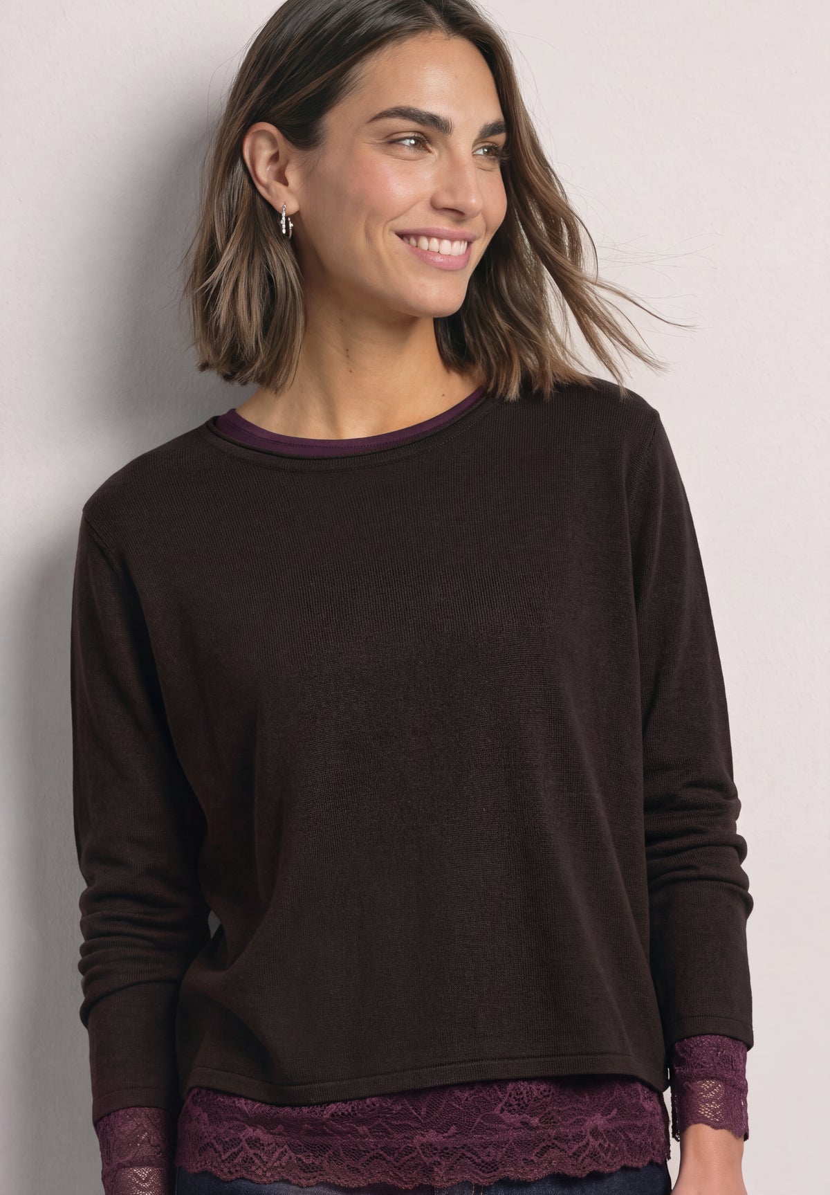 Langarm Shirt mit Boat Neck und Spitze von Street One