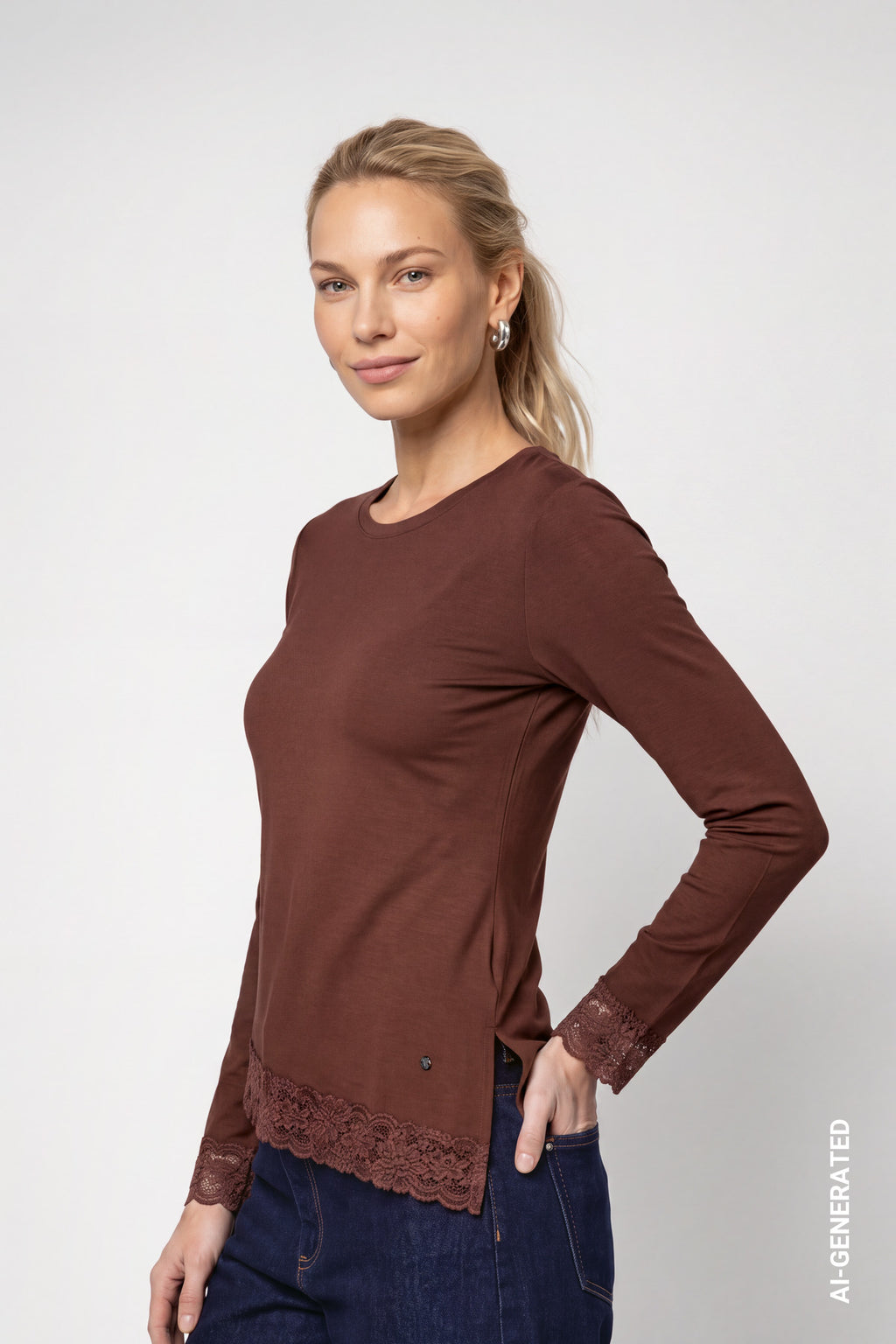 Langarmshirt mit Spitzenborte und Asymmetrie von Monari