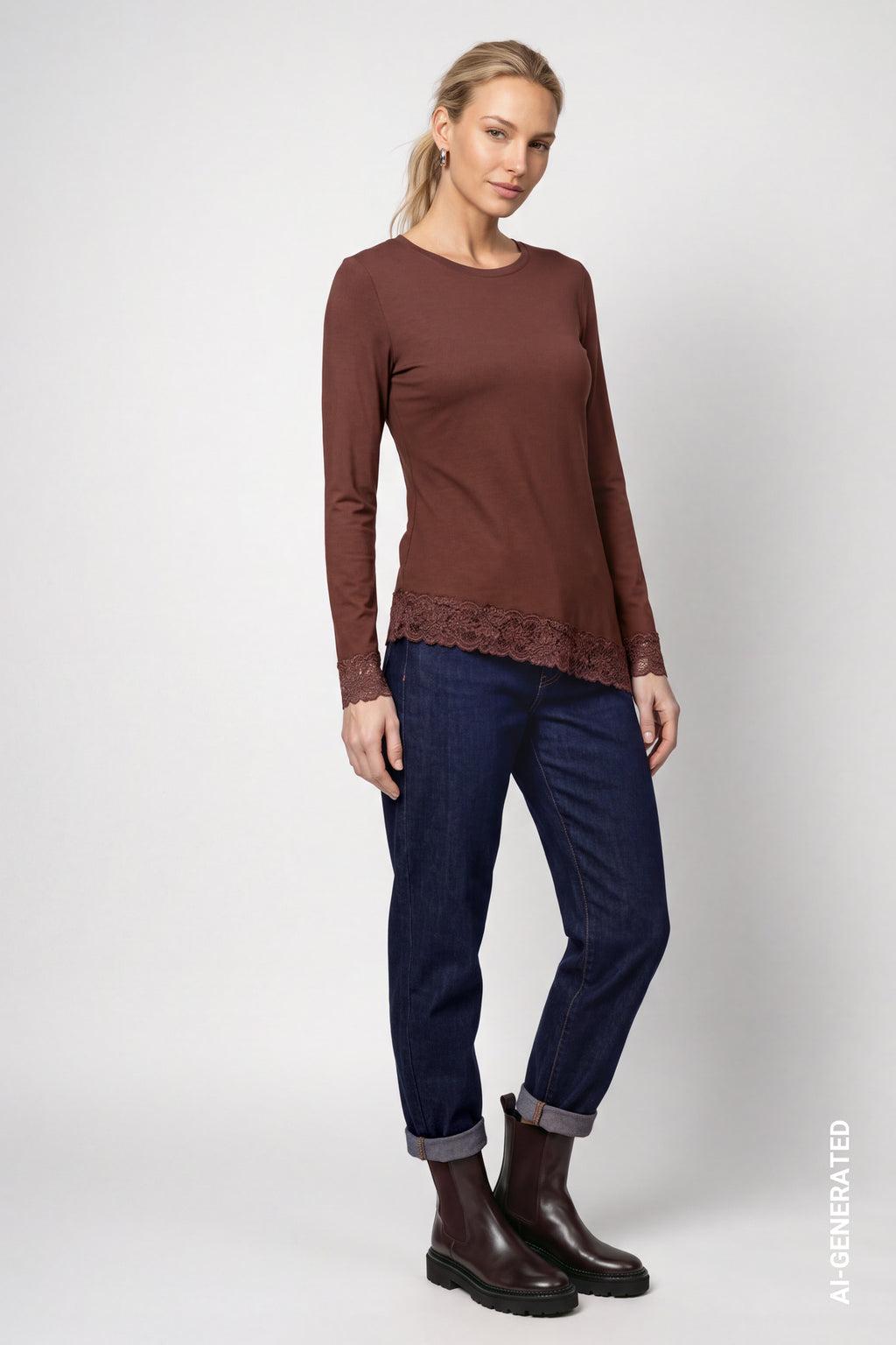 Langarmshirt mit Spitzenborte und Asymmetrie von Monari