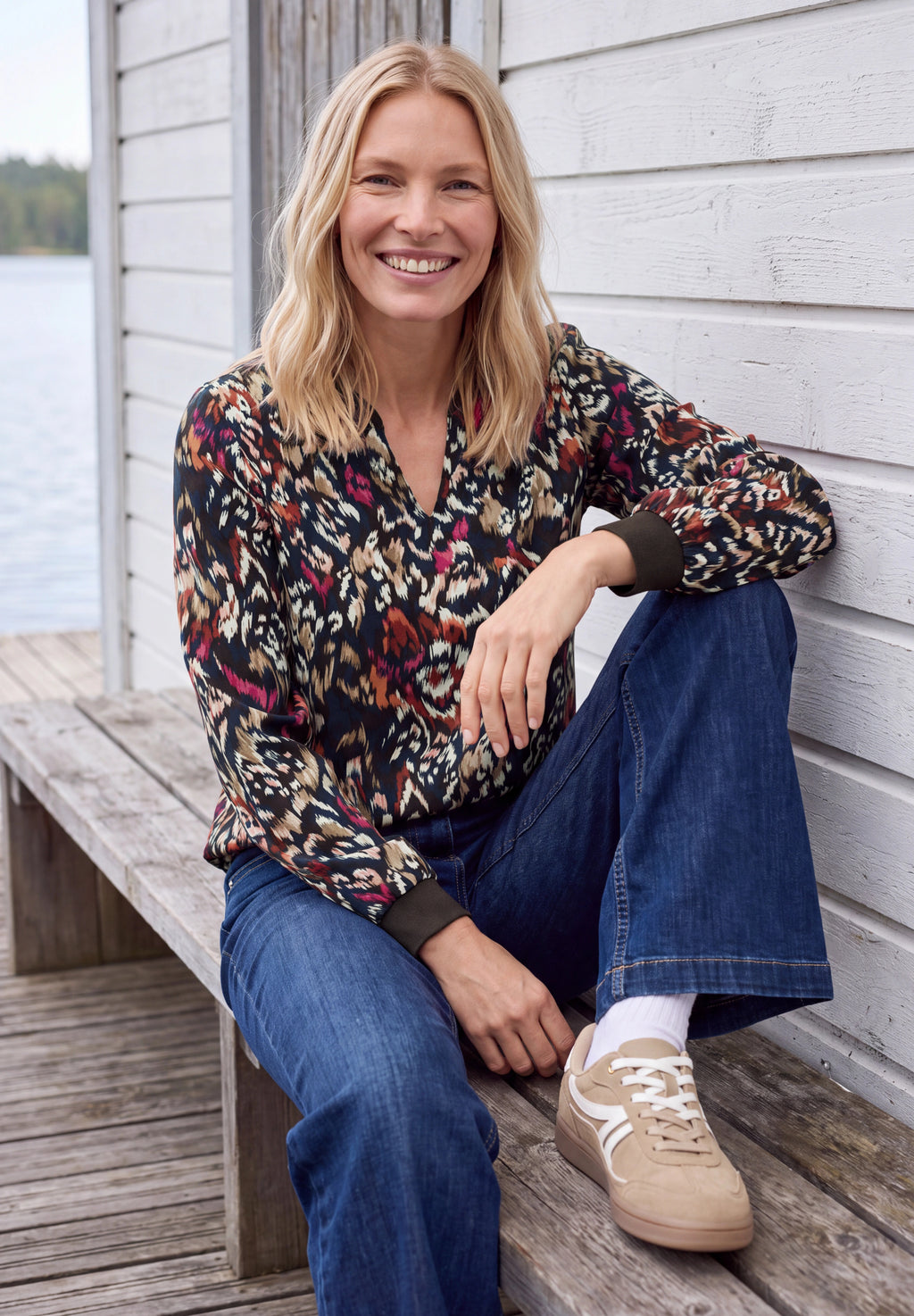 Langarm Bluse mit Split Neck und Print von Cecil