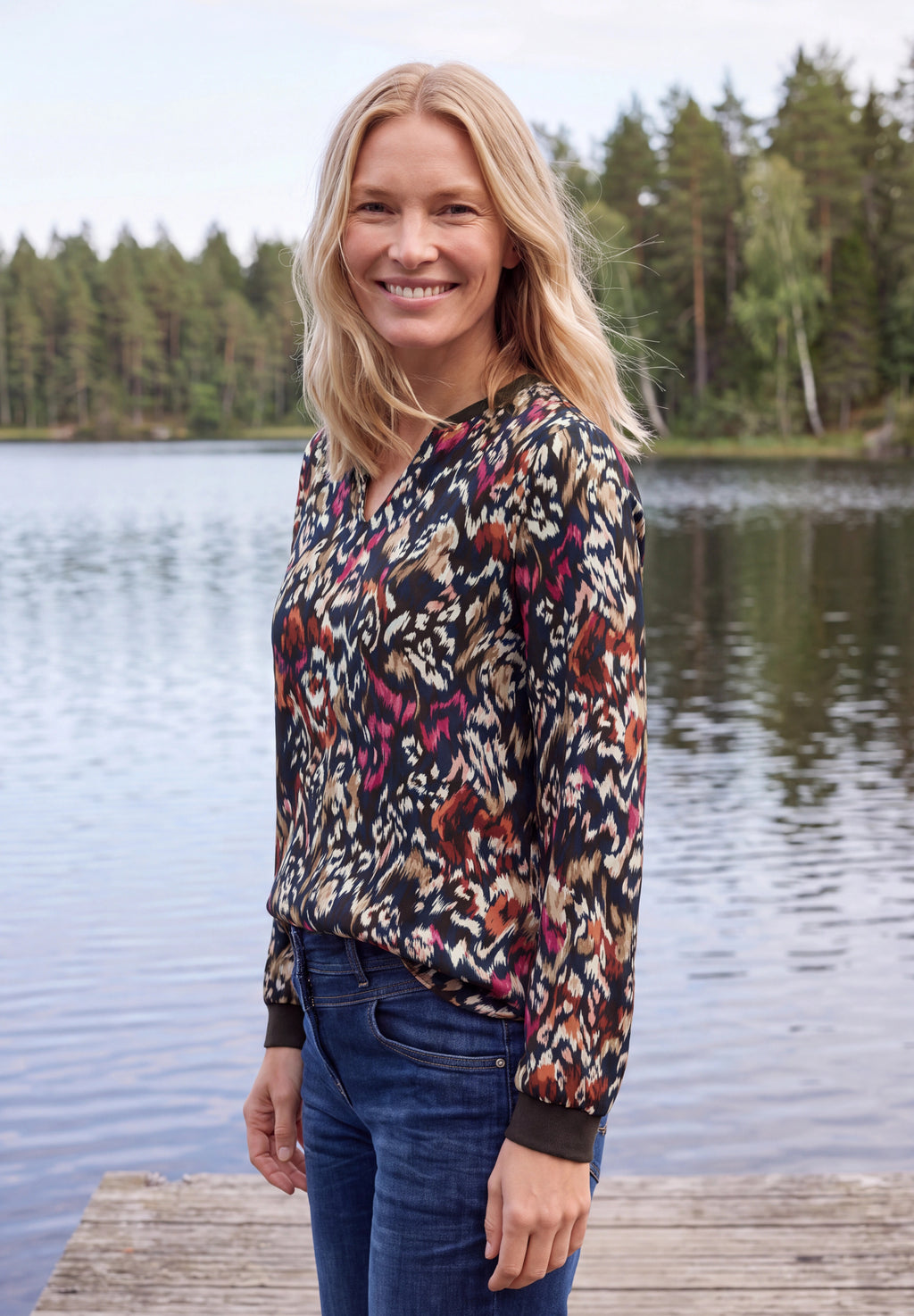 Langarm Bluse mit Split Neck und Print von Cecil
