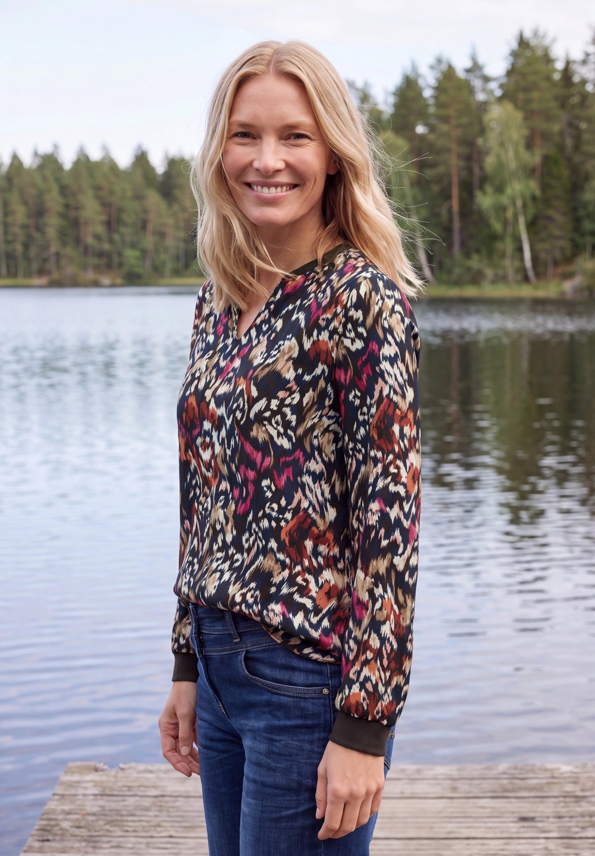 Langarm Bluse mit Split Neck und Print von Cecil